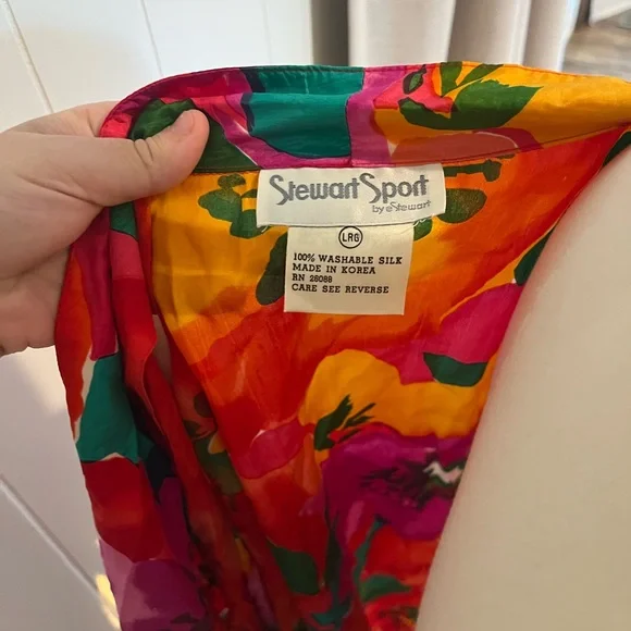 Vintage 80s Artsy Floral Multi-Colored Washable Silk Kimono Style Shirt Wrap - Picture 6 of 6